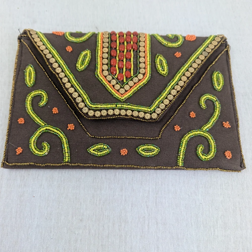 Vibrant Beaded Clutch with Embroidered Swirls